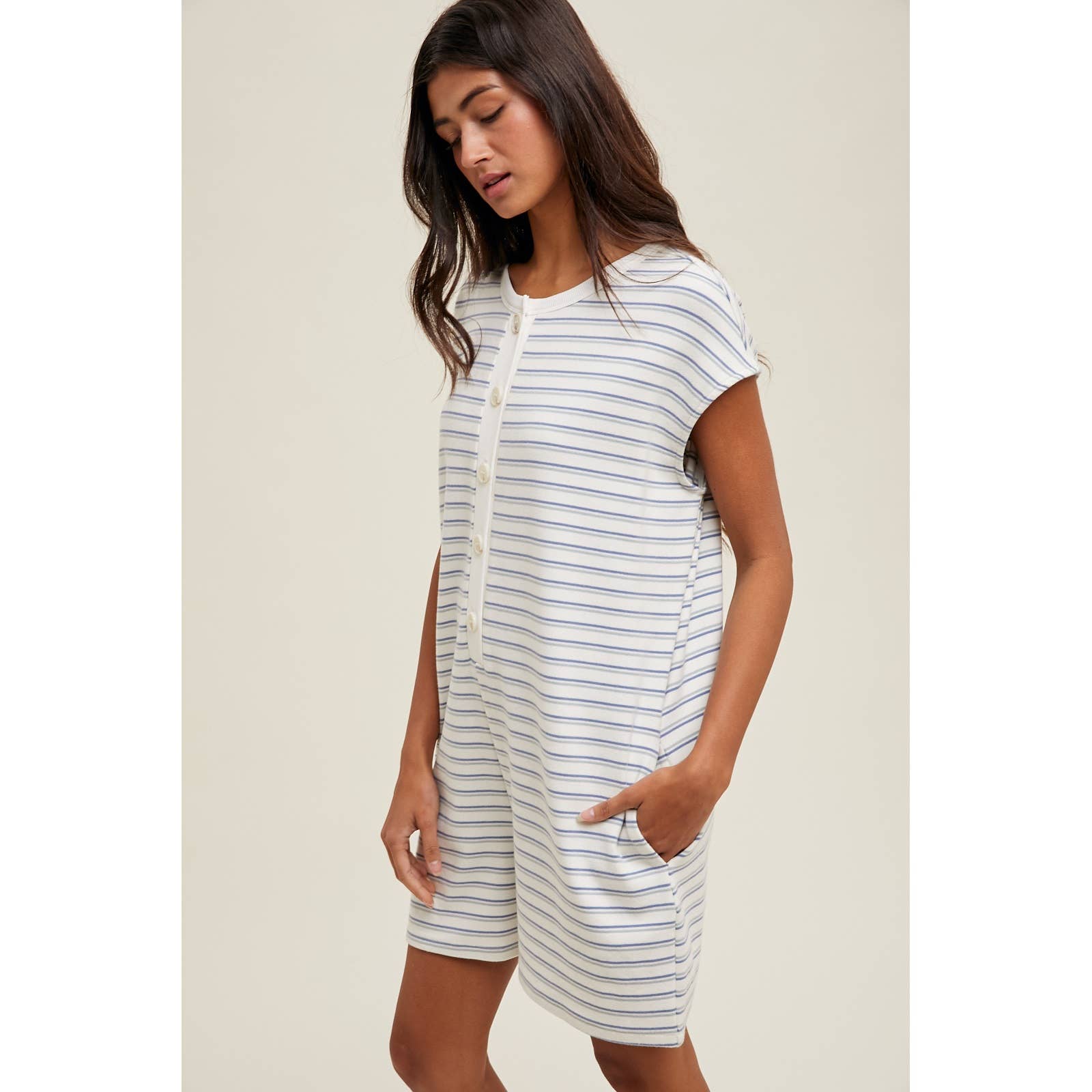 BLUE COMBO STRIPED KNIT ROMPER / WL25-10656 for wholesale on Faire2