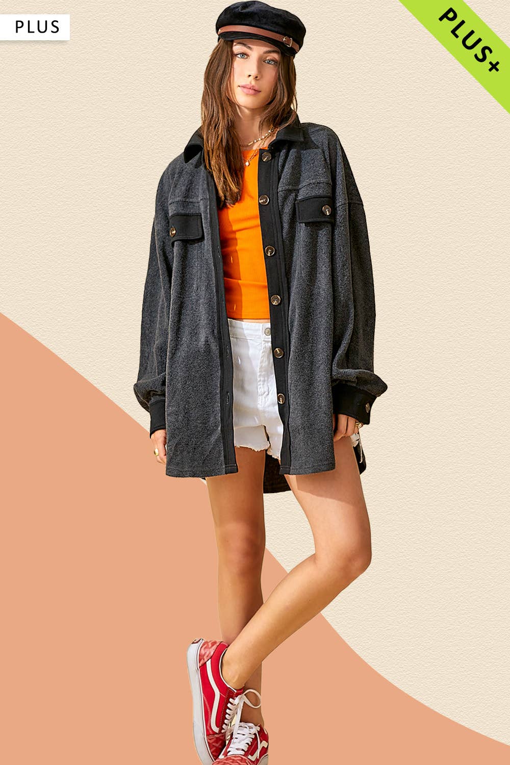 La Miel - Wholesale Shirt Jacket/Shacket - Women's - JKT1712P-Plus Size Loose Fit Button Down Fleece Shacket11