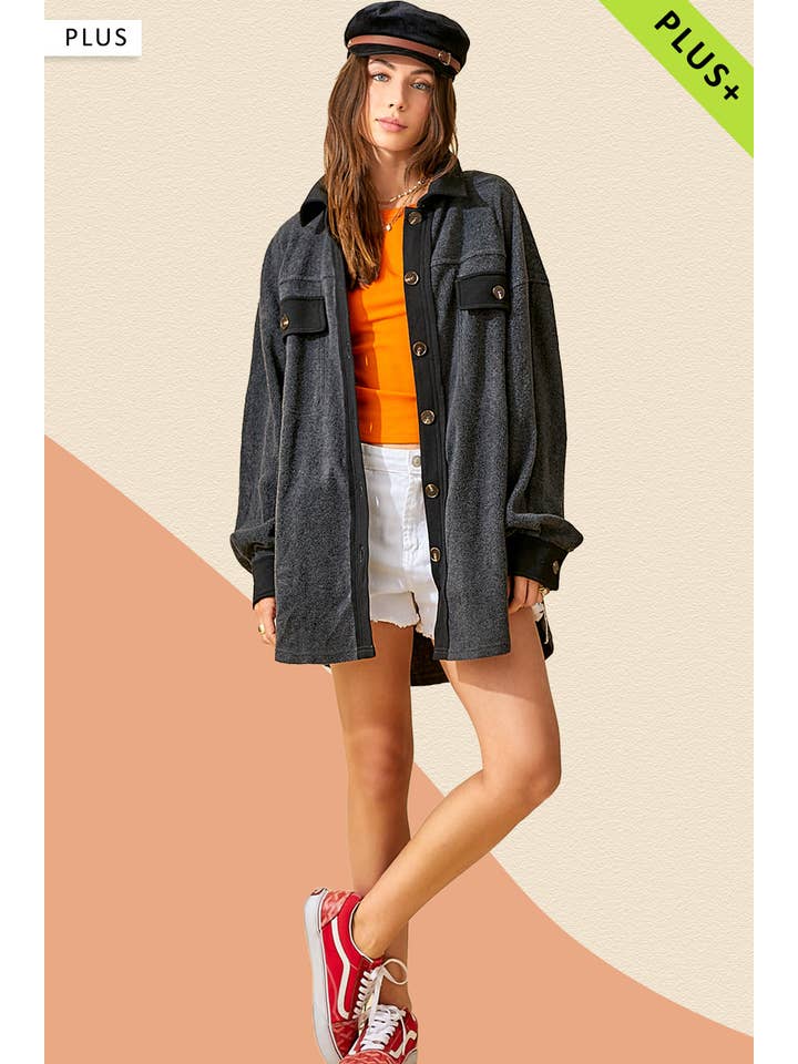 La Miel - Wholesale Shirt Jacket/Shacket - Women's - JKT1712P-Plus Size Loose Fit Button Down Fleece Shacket11