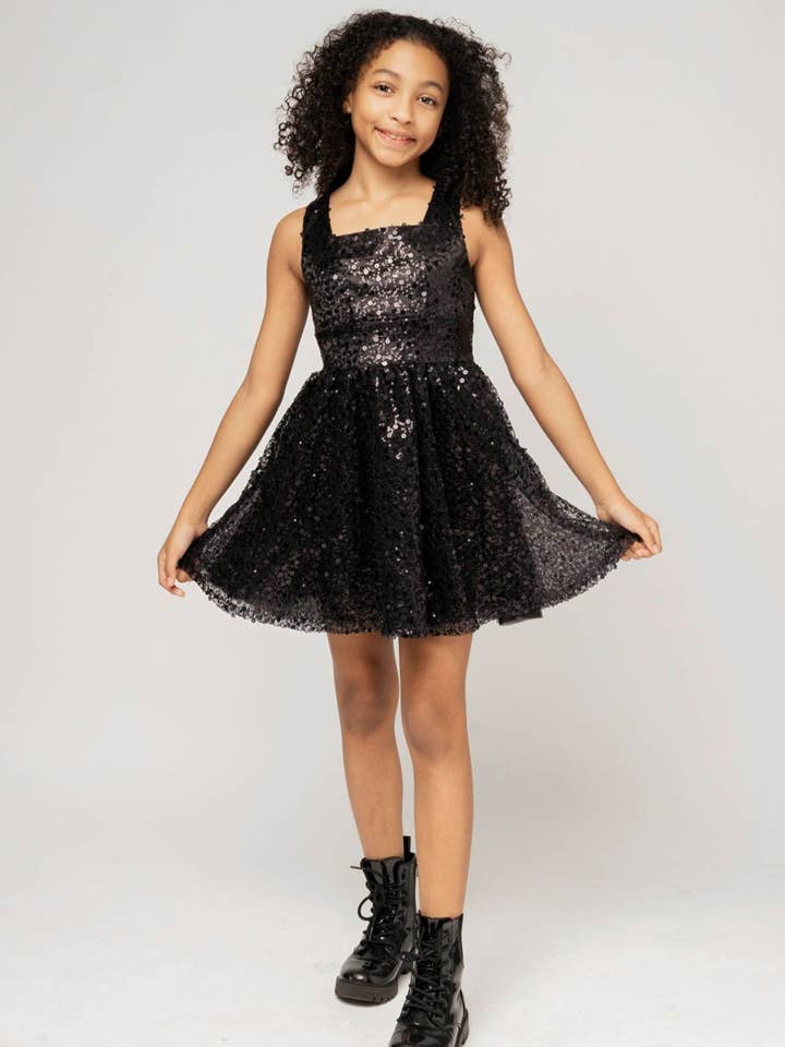 HARPER Square Neck Open Back Sequin Tulle Dress for wholesale by Miss Behave Girls Corp.