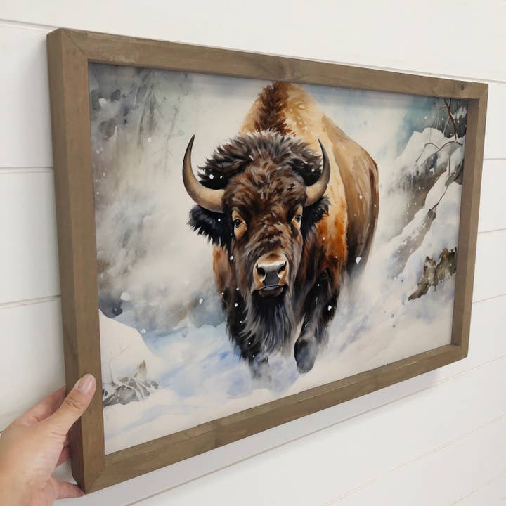 Hangout Home - Wholesale Art Print - Bison in Deep Snow - Ranch House Canvas Art - Wood Framed 3