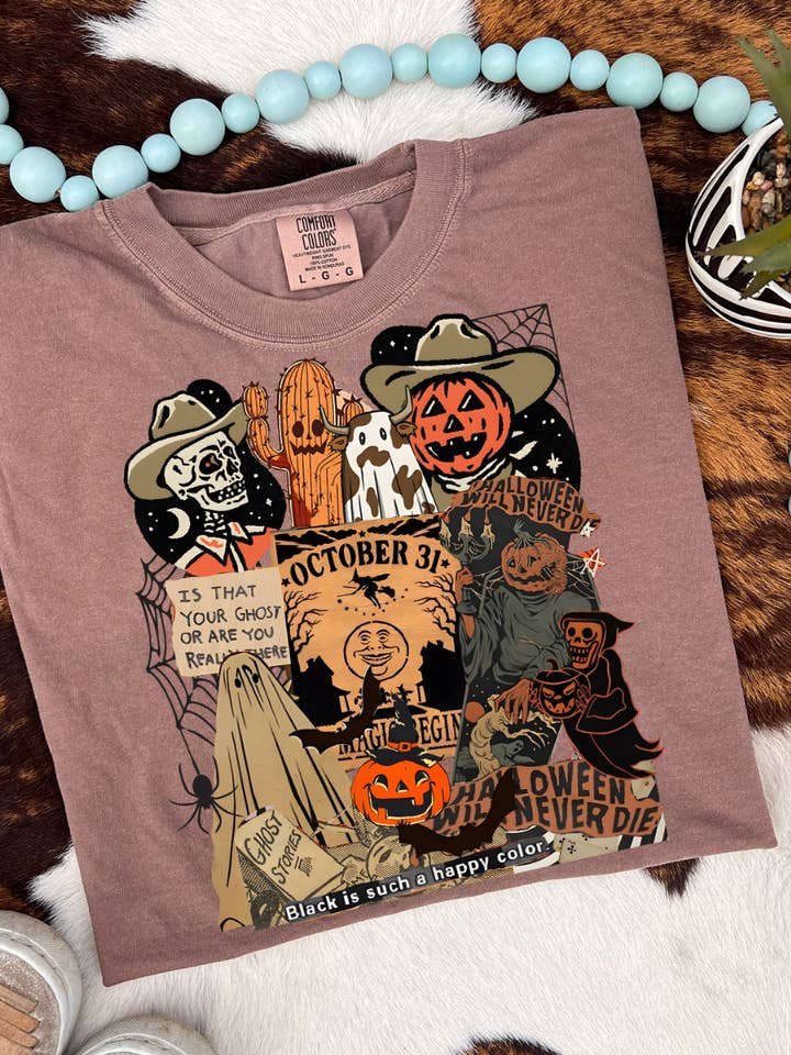 THE LATTIMORE CLAIM - Wholesale Screen Printed T-Shirt - Women's - Halloween Collage Western - Comfort Color Espresso0