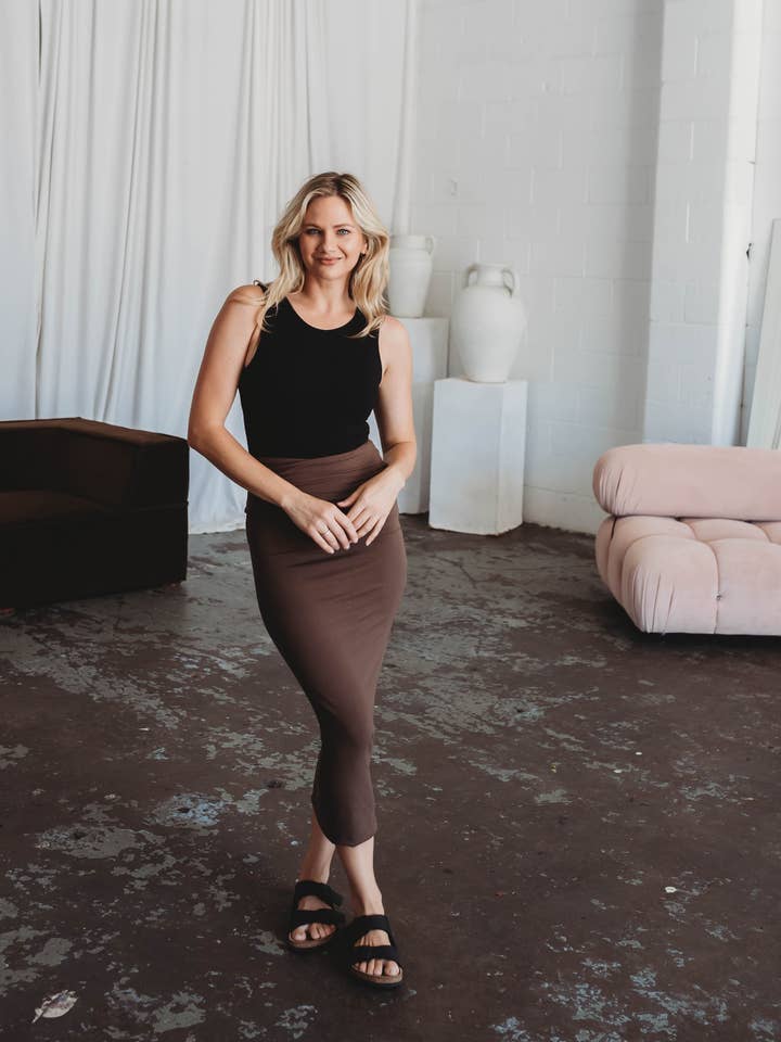 PREORDER Women's Bamboo Pencil Skirt - CHOCOLATE for wholesale by FROM ZION