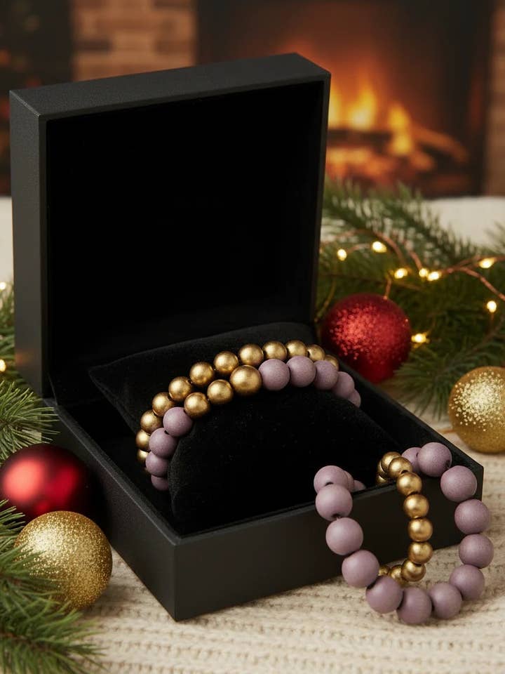 Beaded Stretch Bracelets: Gold & Purple Handmade from Wood for wholesale by Designed By Risha