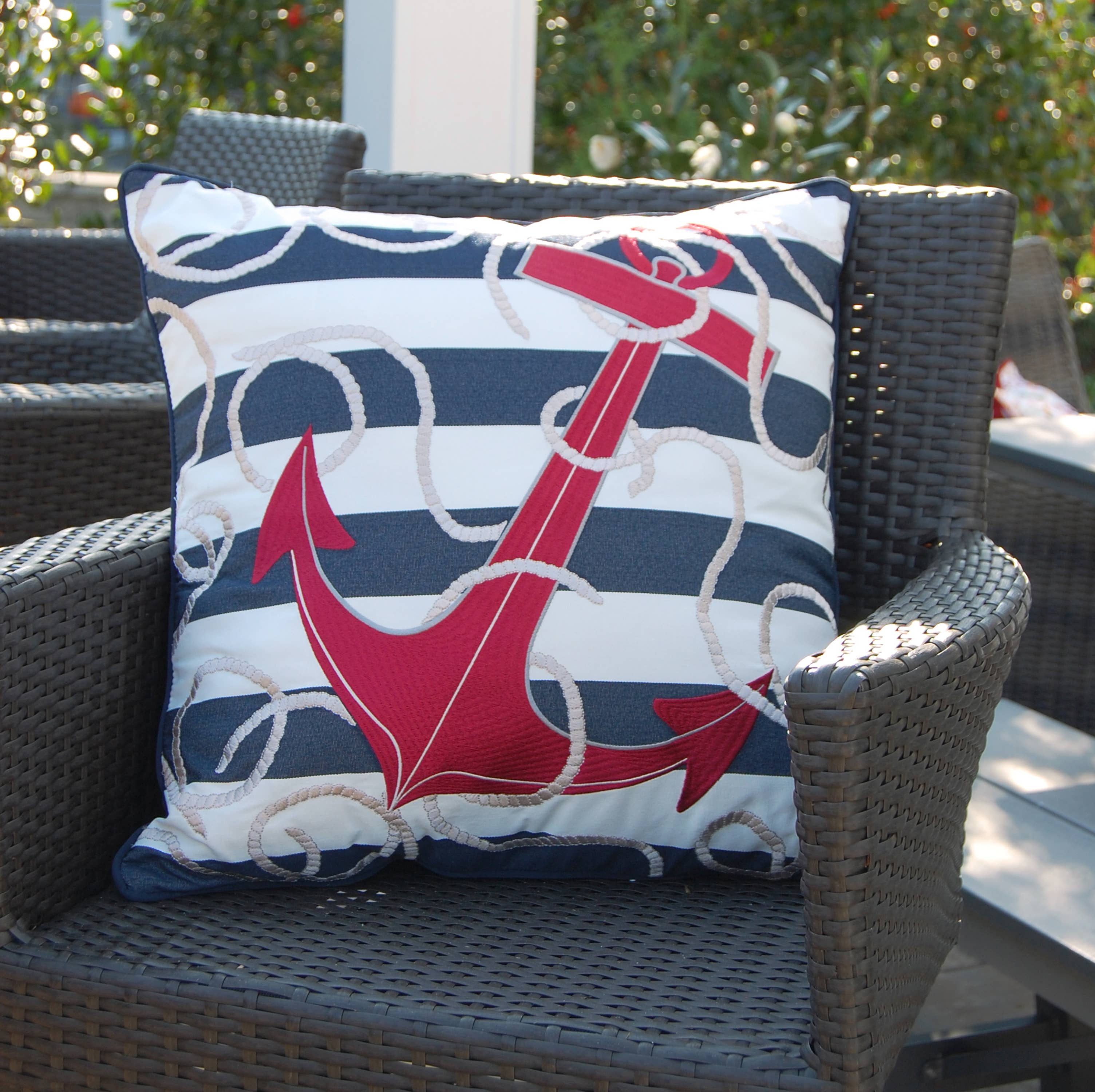 Rightside Design - Wholesale Throw/Decorative Pillow - Blue Stripe & Red Anchor Indoor/Outdoor Throw Pillow1