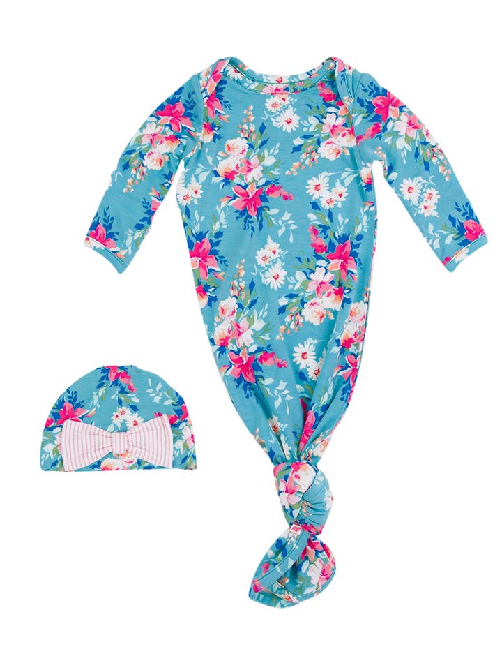 Blue Baby Girls Fancy Me Floral Bamboo Viscose Knotted Ruffle Gown & Hat Set
for wholesale on Faire