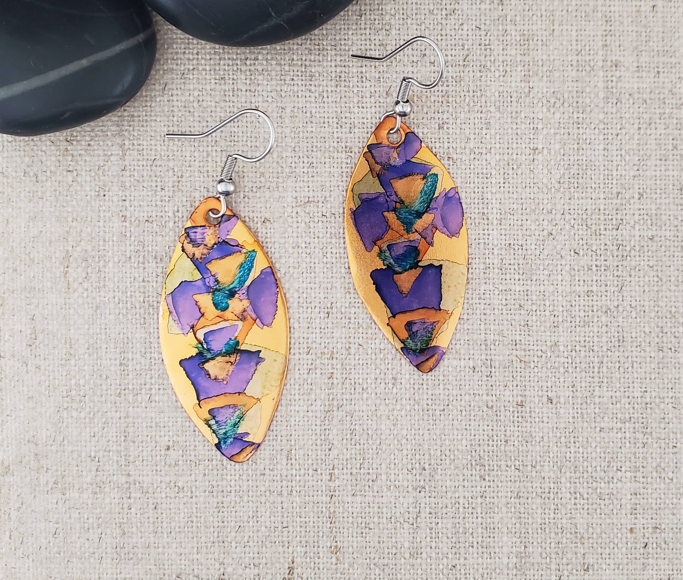 Covaly Artisan Jewelry - Wholesale Dangle Earrings - Alcohol Ink Thin Oval Earrings1