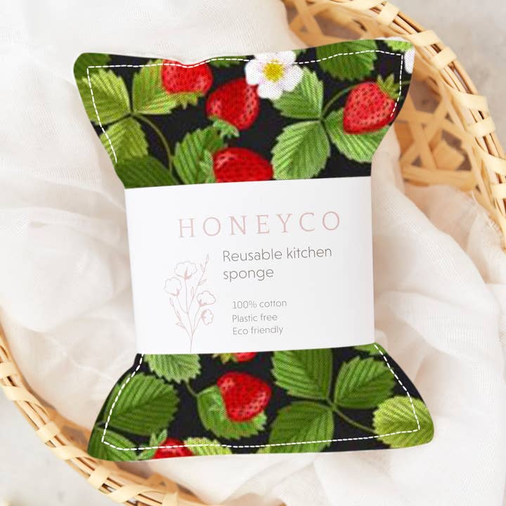 Reusable kitchen sponge - strawberry - eco friendly wipes for wholesale by honeyco