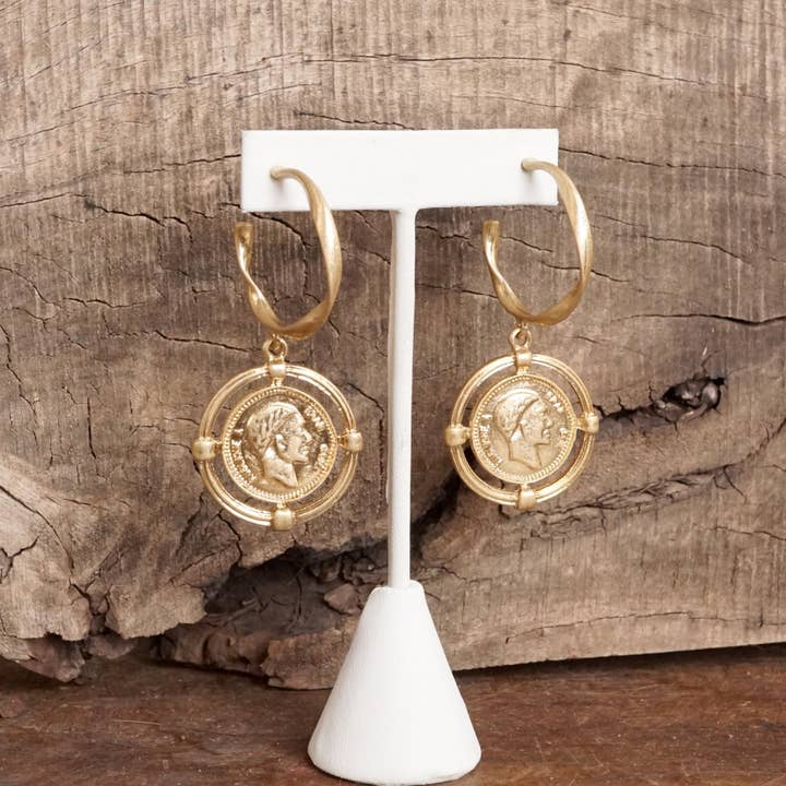 PennyLine inc - Wholesale Dangle Earrings - Hoop Coin Worn Gold Earrings