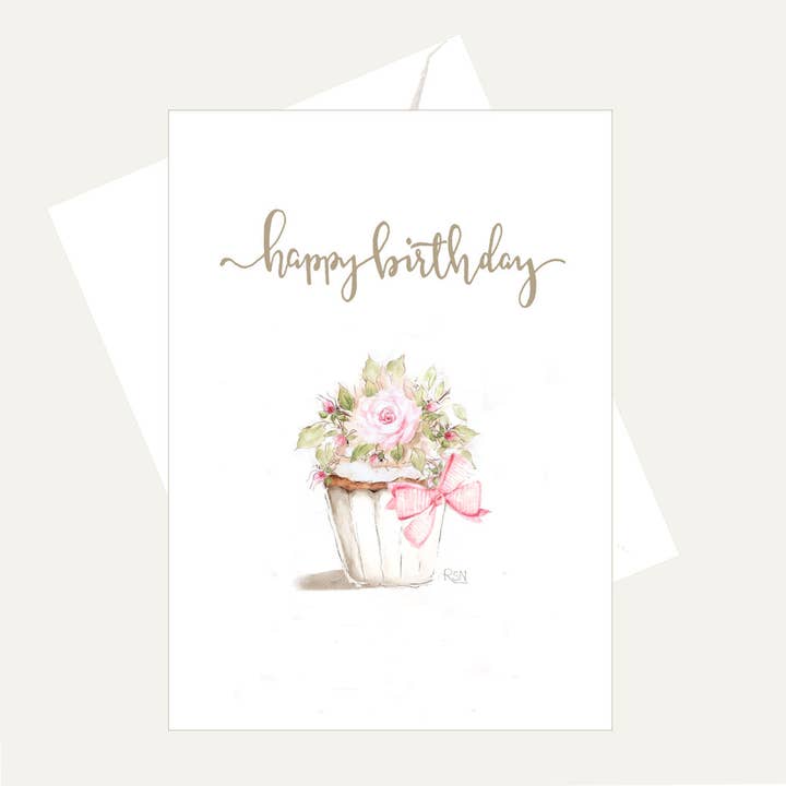 Happy Birthday - Yummy Pink Rose Cupcake - Friendship Card for wholesale by Bellflower Girl