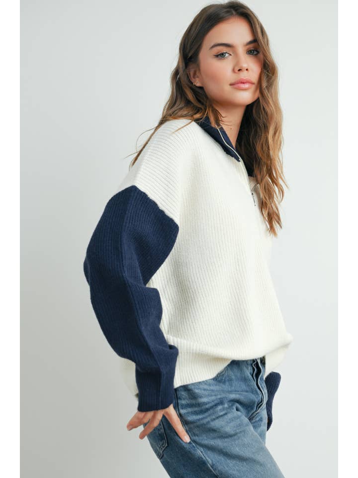 BUTTERMELON - Wholesale Cardigan - Women's - Color Block Collar Half Zipper Pullover Sweater - BMW7589