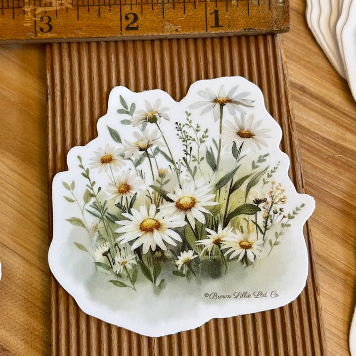 Brown Lillie - Wholesale Sticker - White Daisy: waterdichte vinylsticker van 3” | Geboortebloem van april3