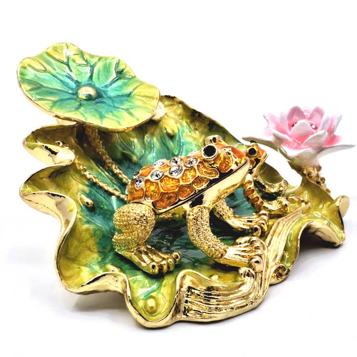 Jeweled Frog With Baby on Lilt Pad With Flowers Hand Crafted for wholesale by Ciel Collectables