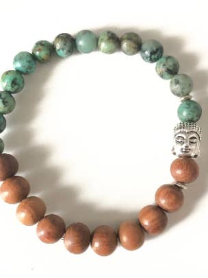 Buddha, African Turquoise, and Sandalwood Beaded Bracelet for wholesale by Peace Within Co.