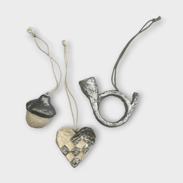 Handcrafted Heart, Acorn & Post Horn Ornaments – Set of 3 for wholesale by XO Handcraft