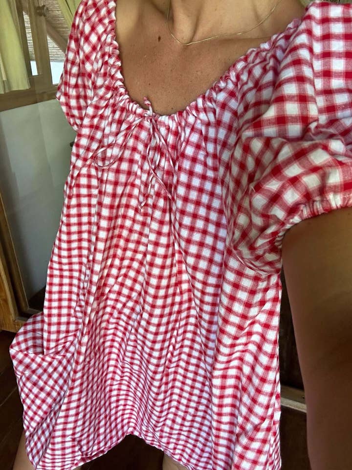 Rosa Clothing - Wholesale Dress - Women's - Rose Bloom Floral Red Gingham puff sleeve babydoll dress