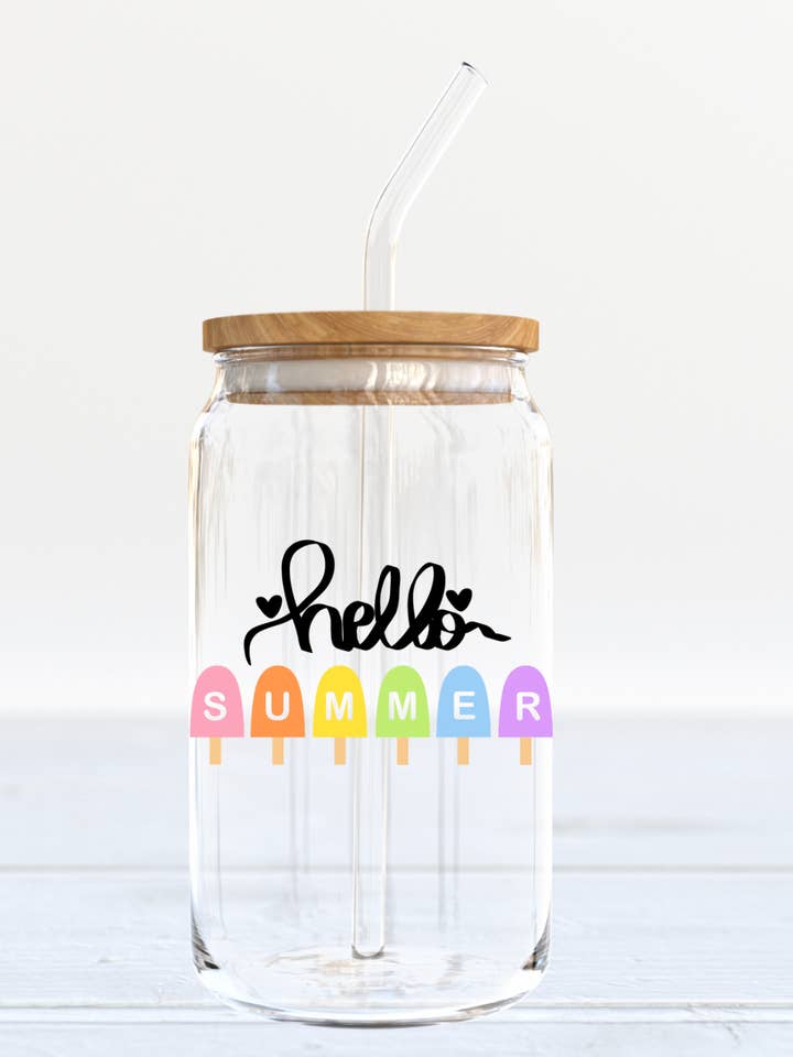 Coffee beer glass can - Hello Summer with straw and lid for wholesale by NRealesDesign