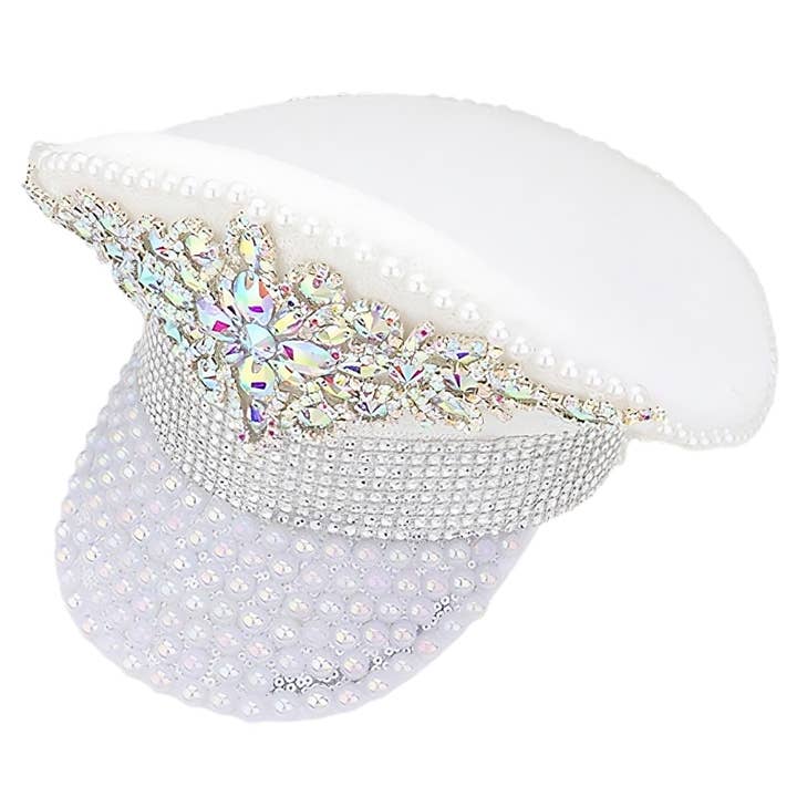 White Crystal Fuax Pearls Bold Gleaming Sparking Captain Hat for wholesale on Faire1