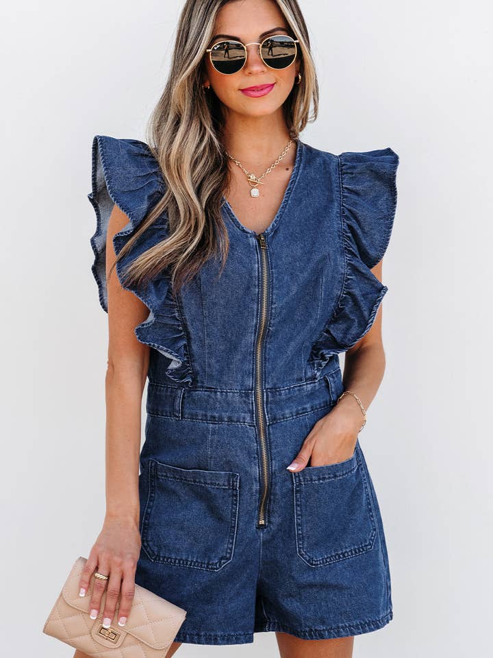 Amora Denim Ruffled Zipped Front Belted Romper for wholesale by Threaded Pear