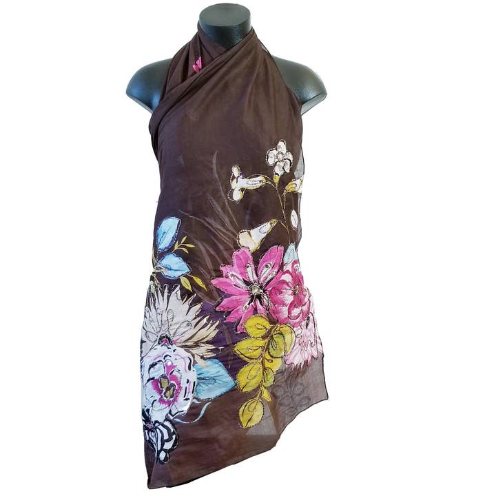 Chocolate Brown Floral Embroidered Cotton Sarong for wholesale by Dalfiya