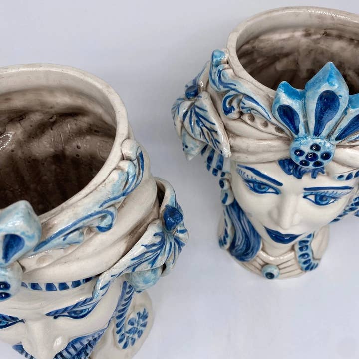 DD Ceramiche Siciliane - Wholesale Vaas - Classic Moor's Head Caltagirone Keramiek cm H.27 L.20 Handgemaakt Wit Blauw
