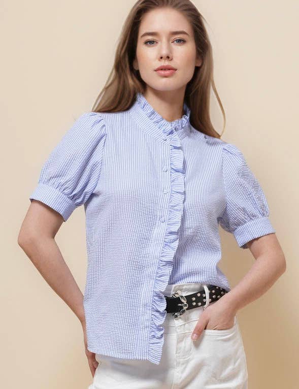 Sweetkama - Vendita all'ingrosso Camicia button down - Donna - Camicia a righe con maniche corte e collo arricciato da donna SKT510872