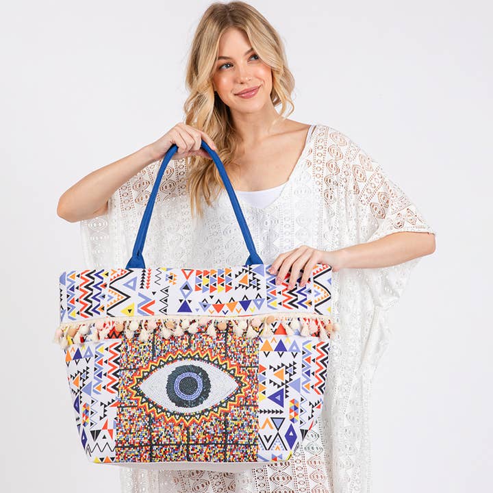 Evil Eye Boho Print Pom Pom fringe Tote Bag
for wholesale by Sensibling Corp.