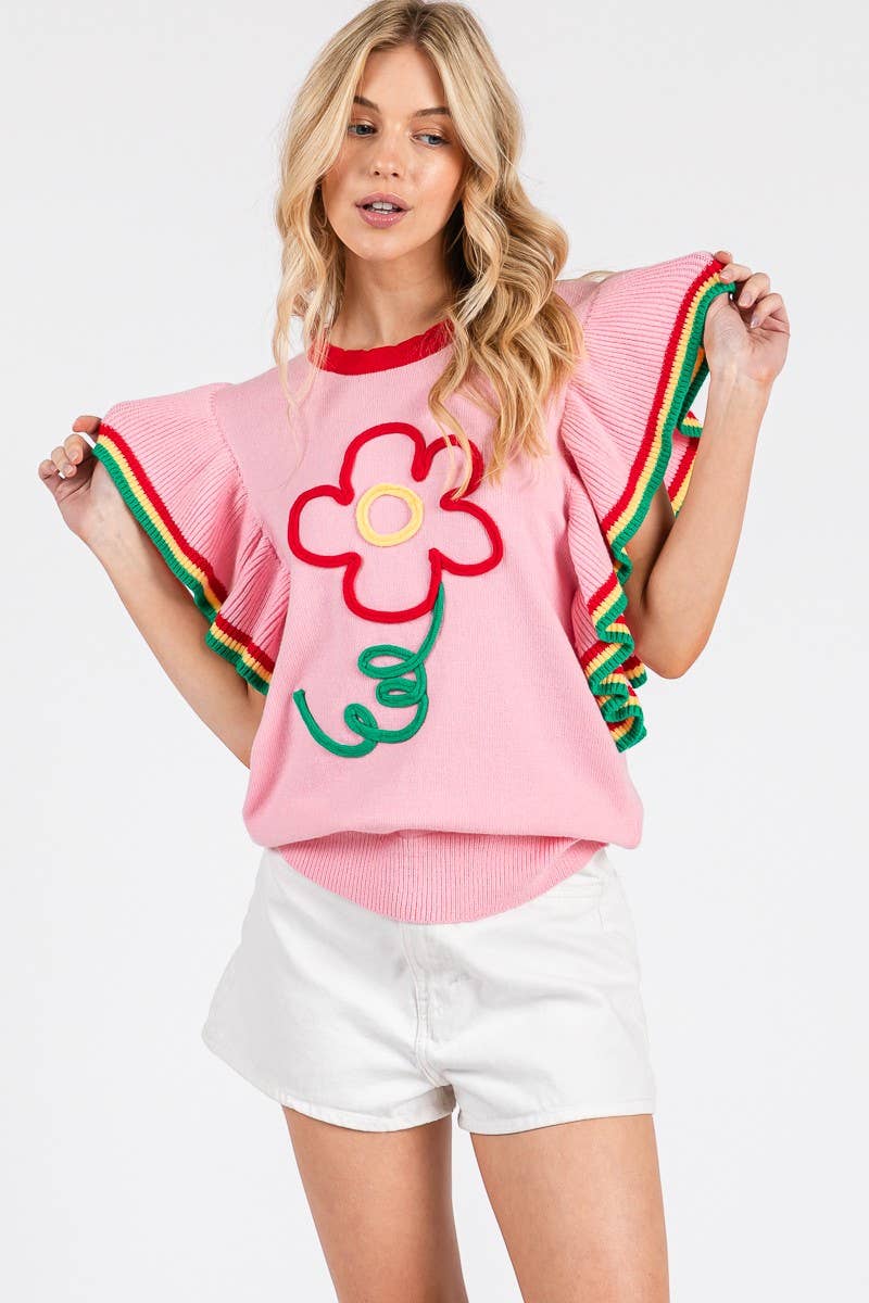 PINK FLORAL RUFFLE KNIT SWEATER TOP  for wholesale on Faire7