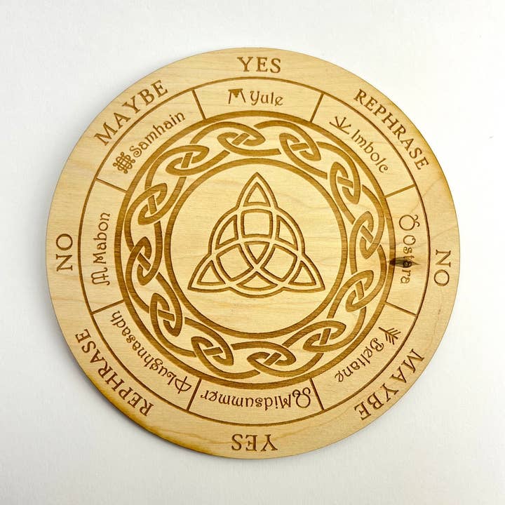 Triquetra Witches Wheel | Pendulum Board with Description for wholesale by Pelham Grayson Rose