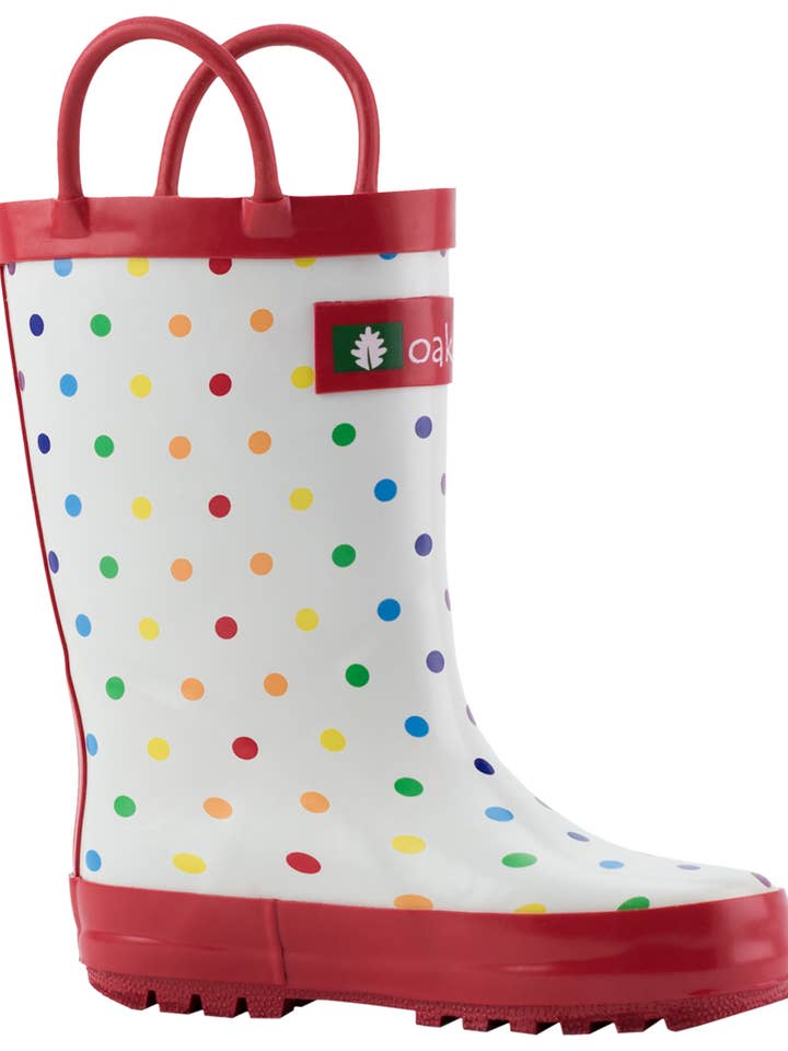 Oaki - Wholesale Rain Boots - Kids - Loop Handle Boots, Rainbow Polka Dot