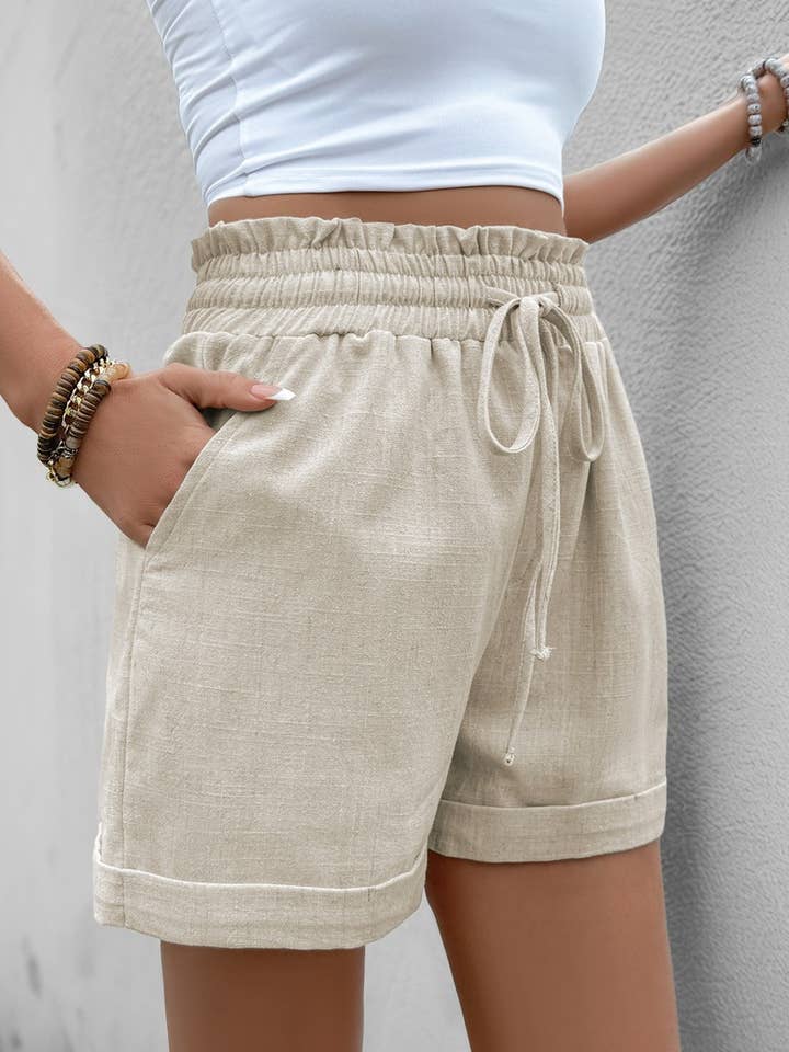 KHAKI CWBSP0509_HIGH-WAIST ELASTIC CASUAL LINEN SHORTS for wholesale on Faire