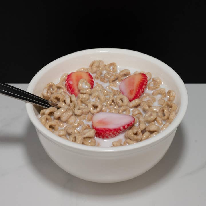 Cereal Bowl of Cheerios with Fake Strawberries in Milk for wholesale by Just Dough It! Fake Foods