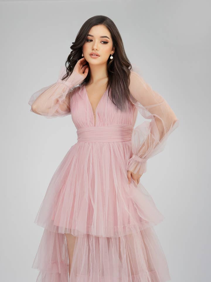 Salma Long Sleeve Tulle Maxi Dress in Pink for wholesale on Faire