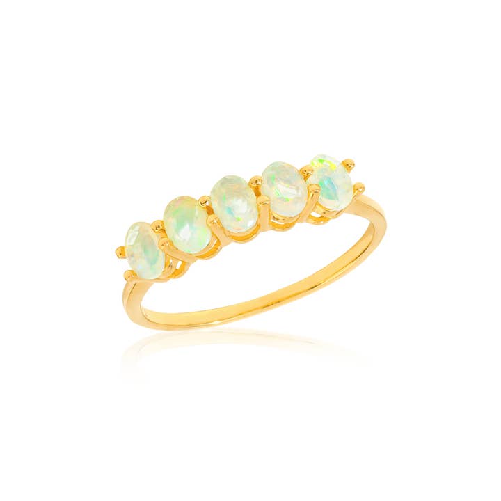 Tiramisu - Wholesale Single Stone/Solitaire Ring - Gold Plated Silver Five-Stone Oval Ethiopian Opal Band Ring2