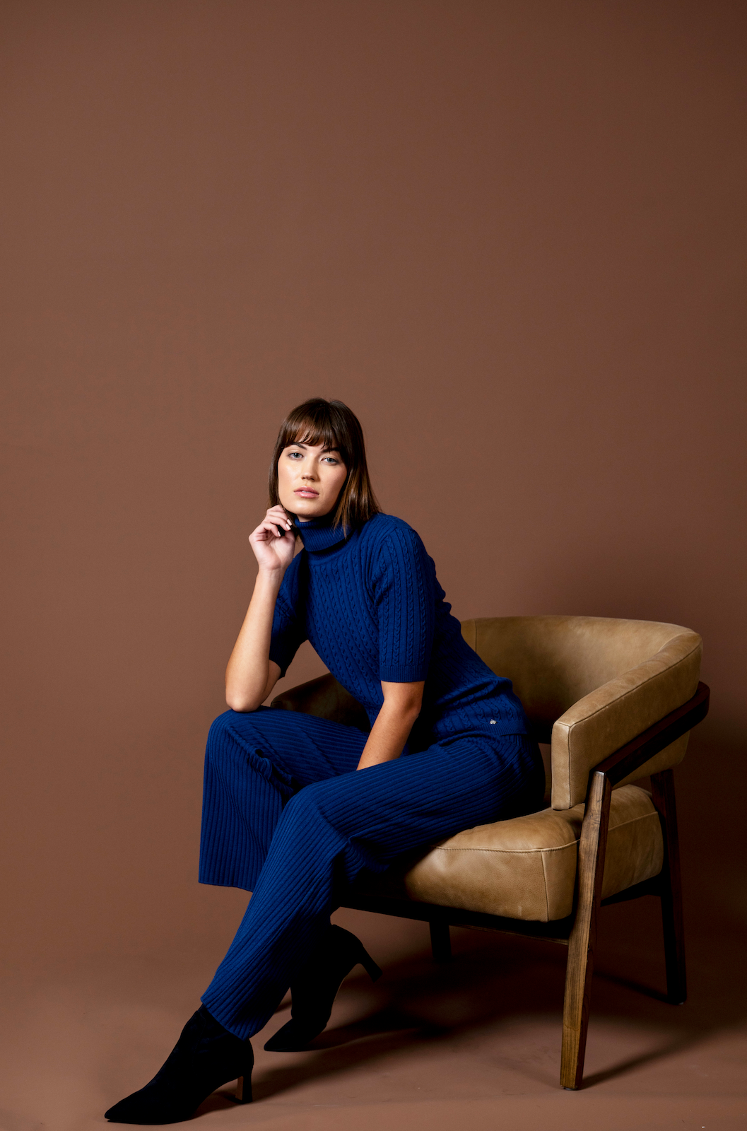 Biana - Wholesale Knit Top - Women's - Sherri Short Sleeved Cable-Knit Turtleneck, Navy5