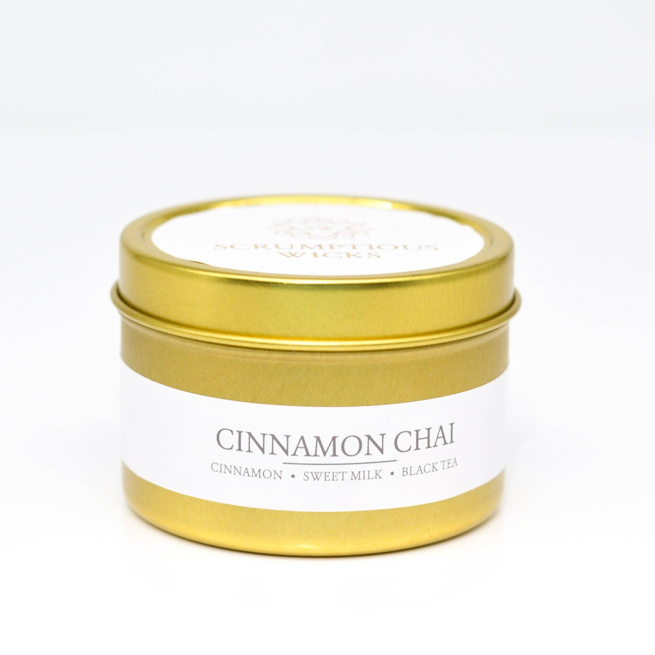 Scrumptious Wicks - Wholesale Jar/Filled Candle - Cinnamon Chai 3.5oz soy/coconut wax gold tin candle
