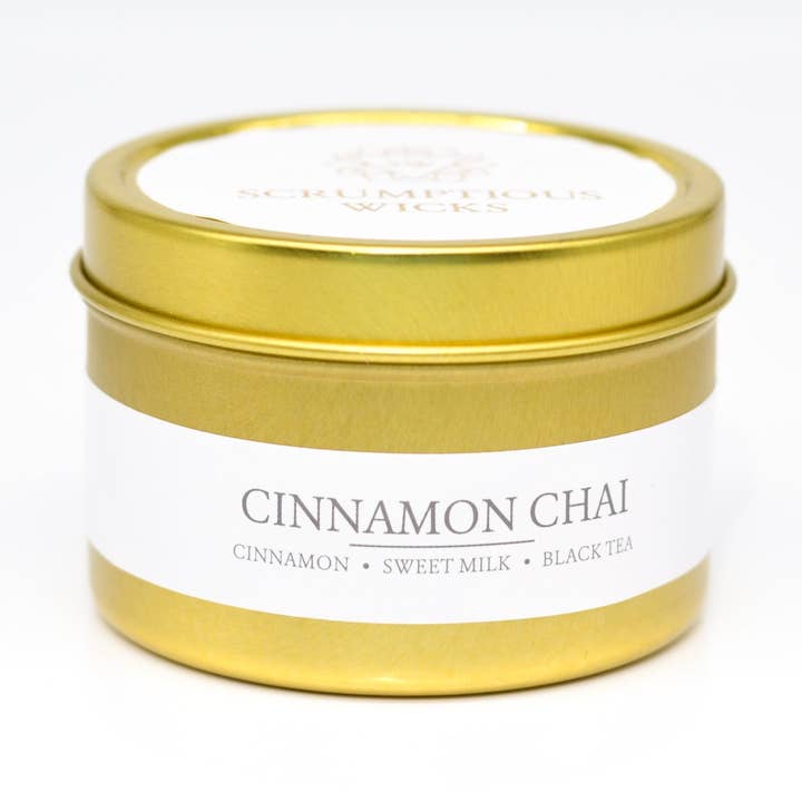 Cinnamon Chai 3.5oz soy/coconut wax gold tin candle for wholesale by Scrumptious Wicks