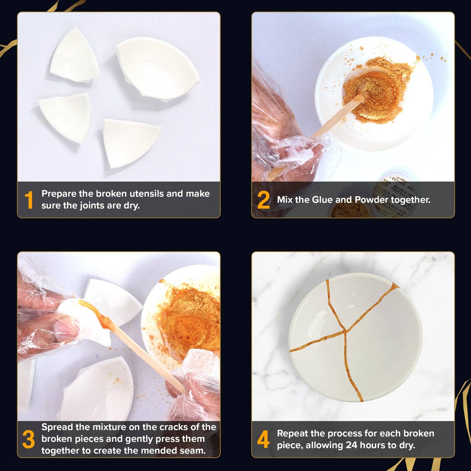 Hill Hjem - Vente Kit de bricolage - Kit de réparation Kintsugi doré - Sécuritaire pour les aliments2