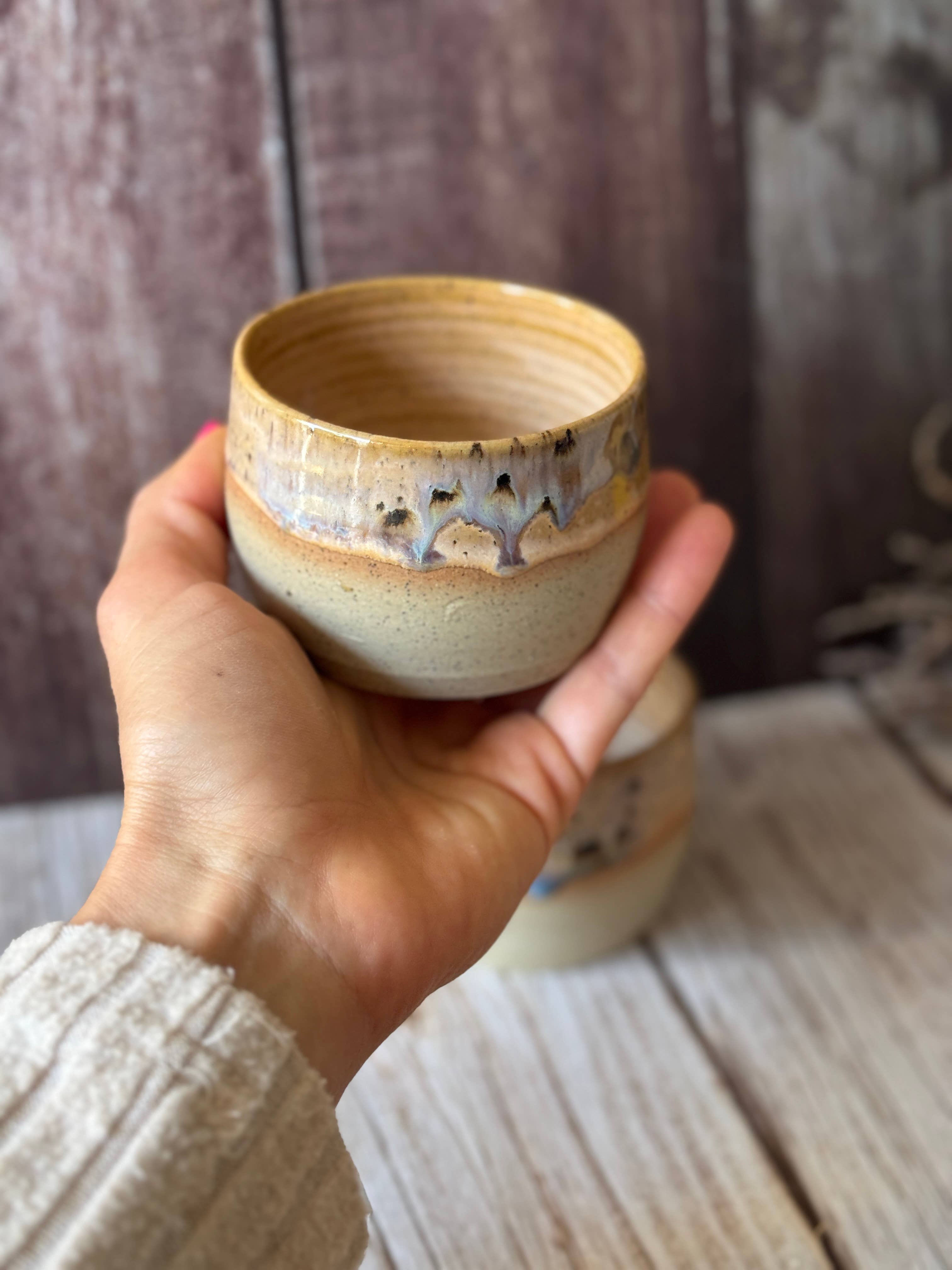 Wolf and Clay Pty Ltd - Wholesale Coffee mug - Mini hug mug in soft orange with brown spots1