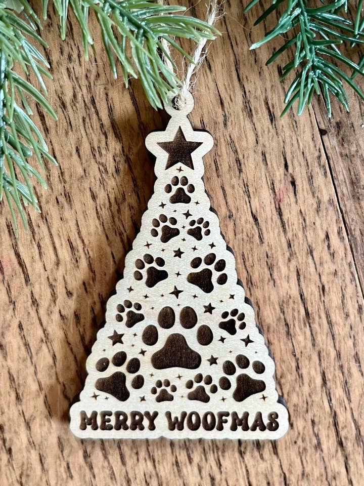 Merry Woofmas Dog print tree pet Wooden Christmas Ornament for wholesale by Rustic Raleigh