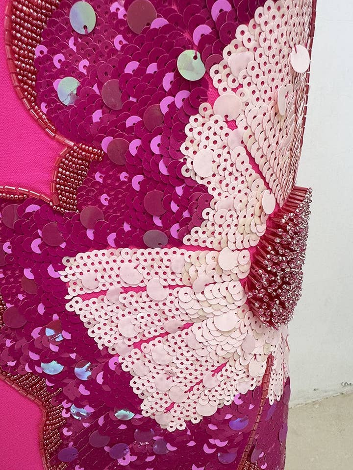 Fuchsia DR752Y Handmade 3D Floral Sequin Beaded Puff Sleeve Dress for wholesale on Faire8