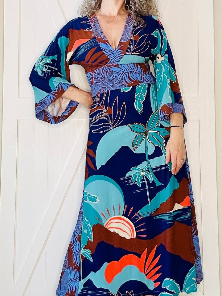 Blue Tropics Kimono Maxi Dress for wholesale by Aerial Clothing sRQ