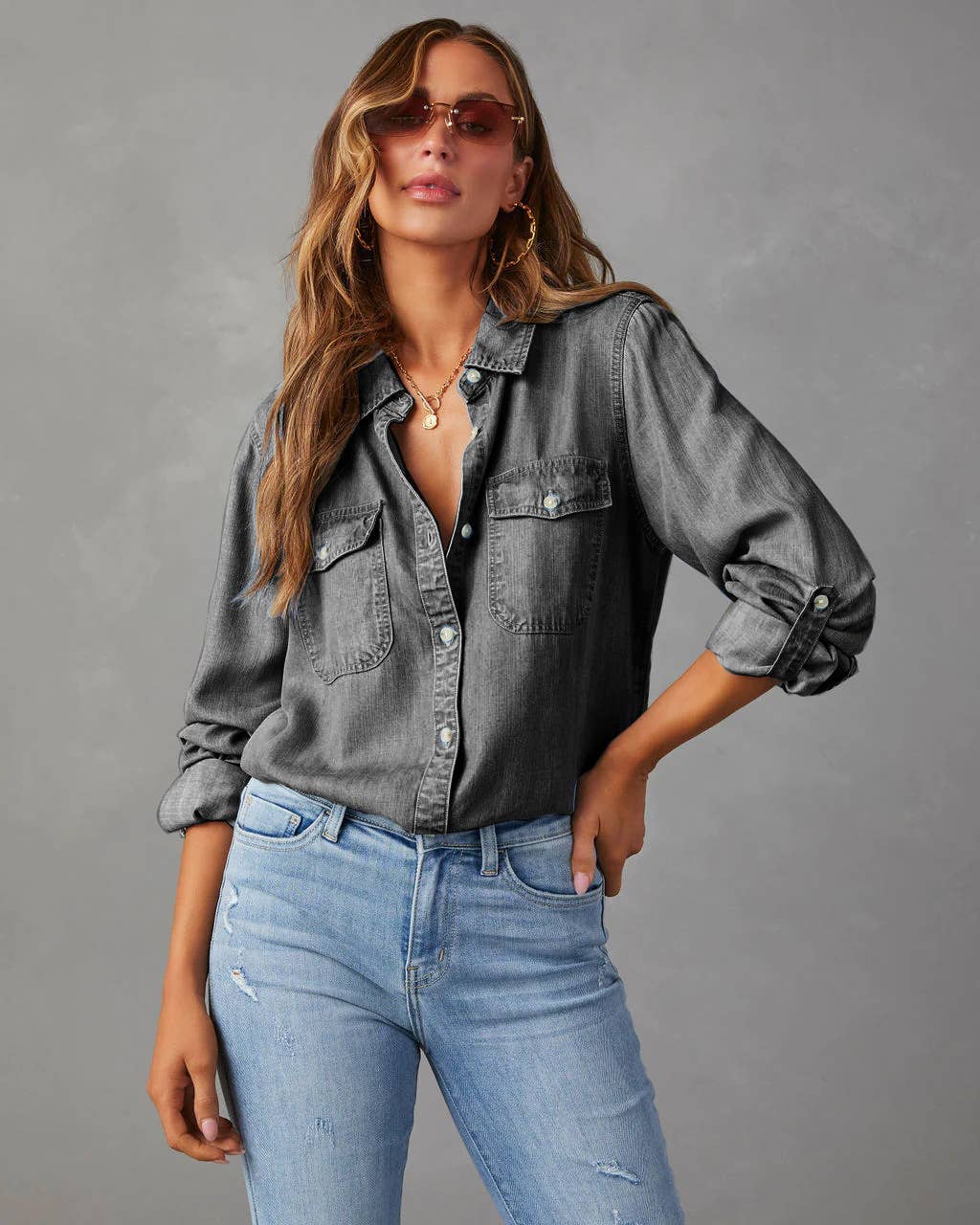 Hope & Sunshine – Camisa com botões no colarinho – Mulher por atacado – Camisa jeans casual feminina com botões16