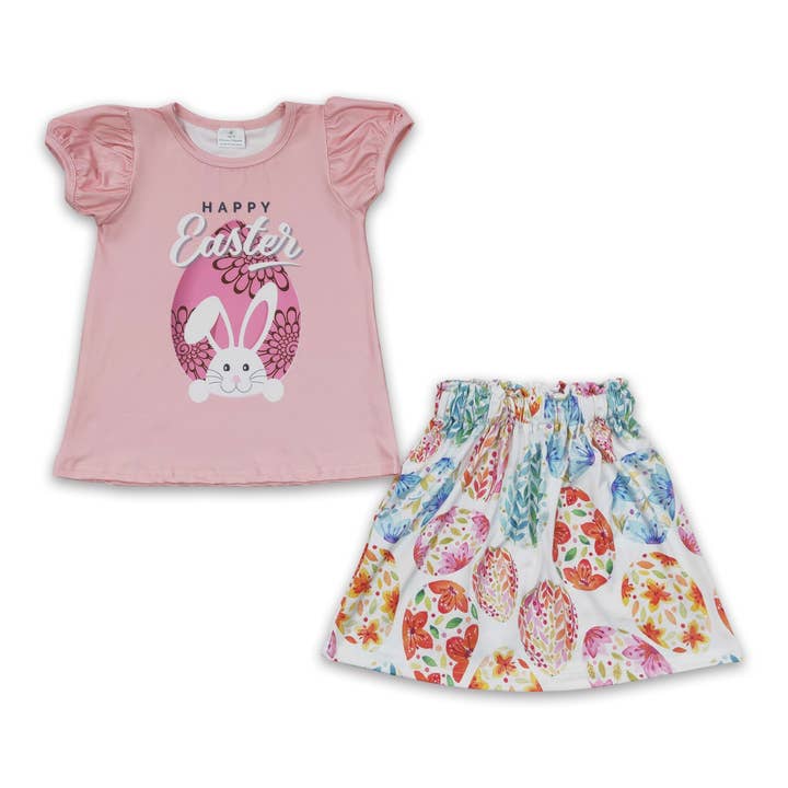 Happy easter rabbit shirt eggs skirt girls easter clothes for wholesale by Yawoo Garments