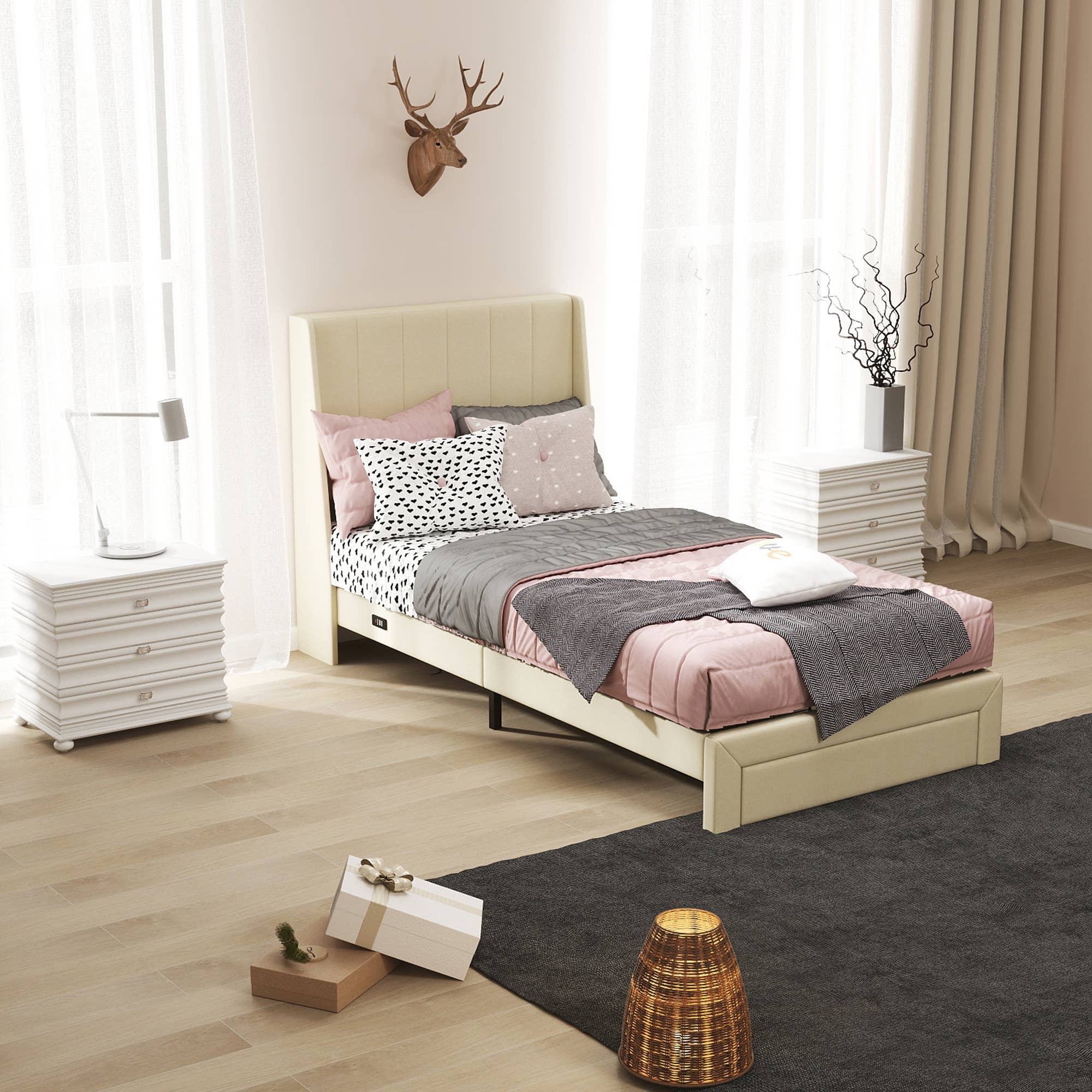 HOMYCASA DESIGN INC - Wholesale Bed - Twin Upholstered Storage Bed Frame with USB Ports - Beige0