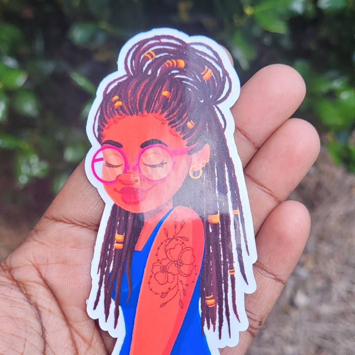 Locs and Glasses Girl Sticker for wholesale by Self Care Tribe