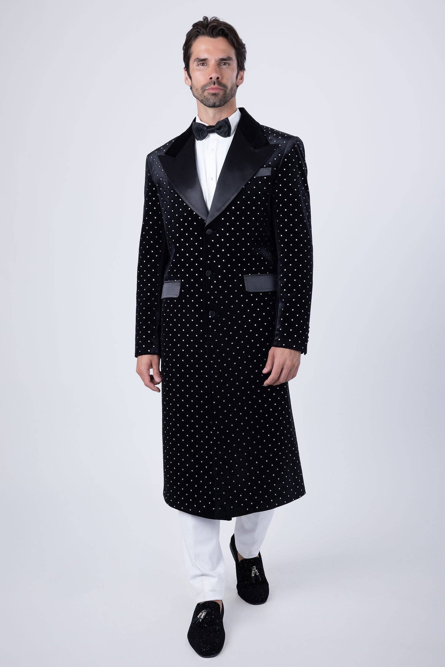 BARABAS - Wholesale Coat - Men's - Men's Rhinestone Velvet Peak Lapel Long Coat 4LBL492