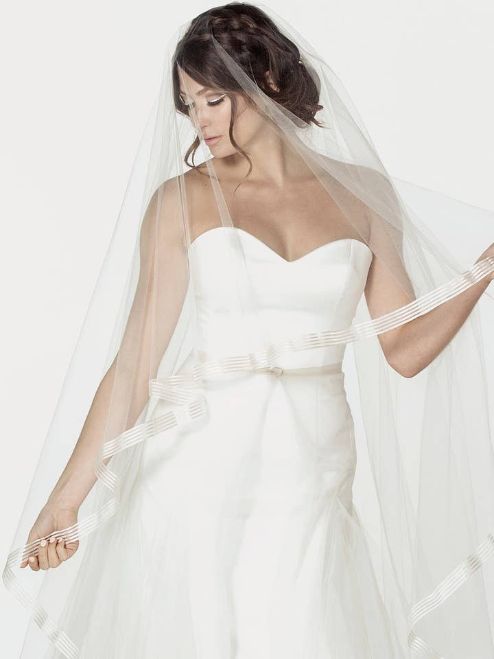Elana Striped Ribbon Chapel Veil for wholesale by Ariel Taub