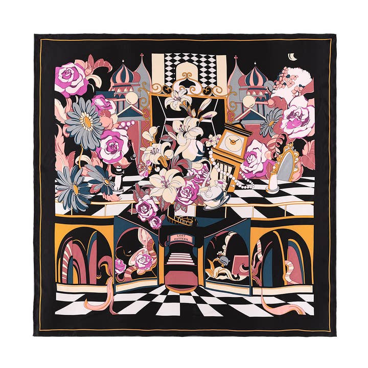Noir "Vintage Blooms" Large Silk Square Scarf - Black & Purple for wholesale on Faire