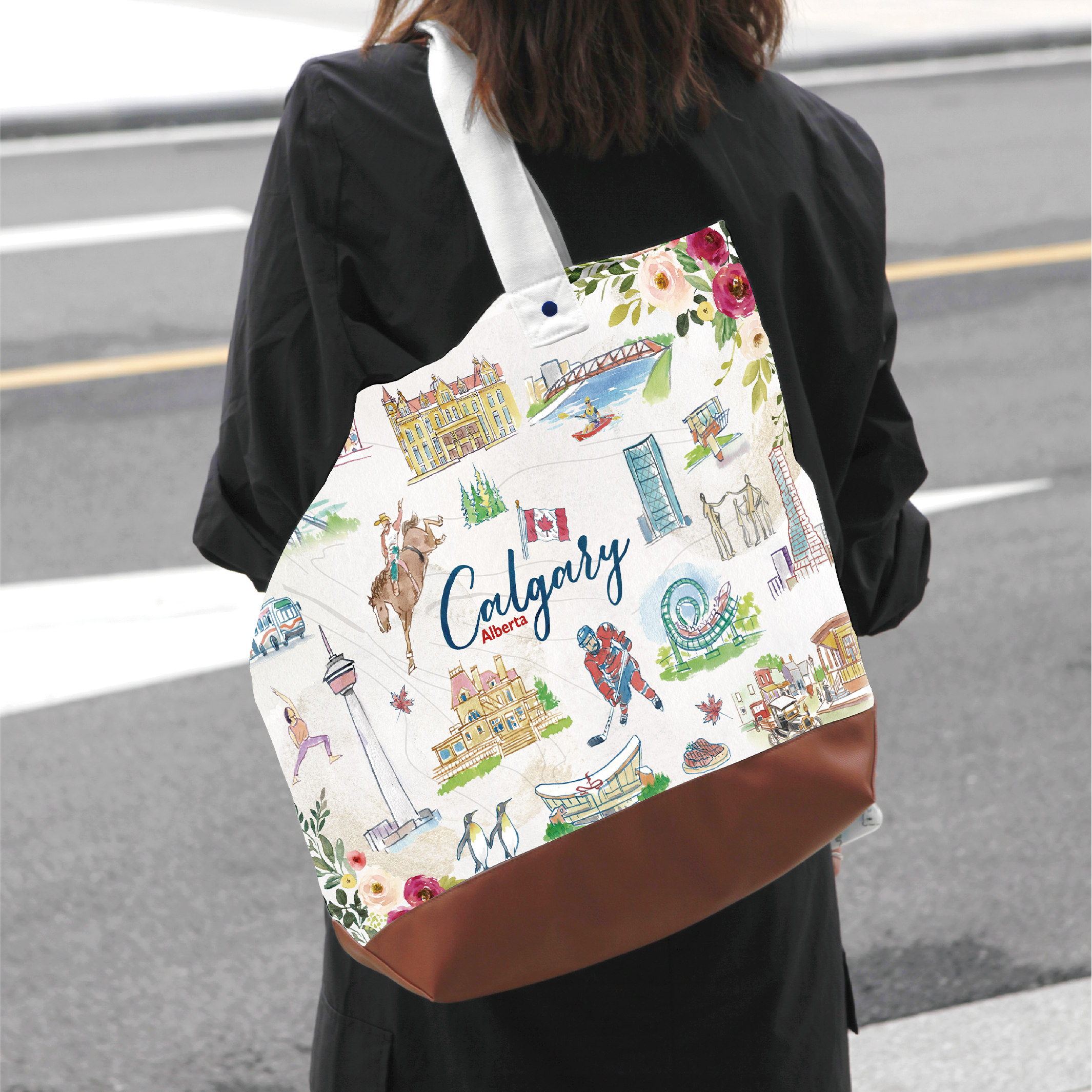 Northern Icons Canada - Wholesale Tote Bag - Women's - Calgary Alberta Canvas Tote Bag – Illustrated Canadian City Travel Carryall0